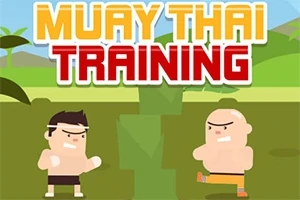 To tegnede figurer står overfor hinanden i kampstilling foran et træ med teksten Muay Thai Training øverst