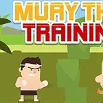 To tegnede figurer står overfor hinanden i kampstilling foran et træ med teksten Muay Thai Training øverst
