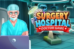 En ældre læge i operationsstue med hospitalsudstyr og farverig tekst, der fremhæver spilletitlen