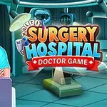 En ældre læge i operationsstue med hospitalsudstyr og farverig tekst, der fremhæver spilletitlen