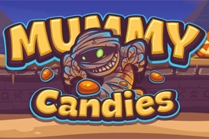 Animeret mumie med slik omgivet af teksten Mummy Candies på en stiliseret baggrund