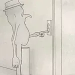 Tegnet karakter med hat trykker på en elevatorknap