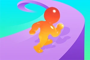 Orange figur løber op ad en snoet, lilla rampe på en gradient baggrund