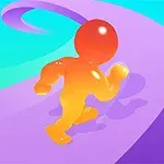 Orange figur løber op ad en snoet, lilla rampe på en gradient baggrund