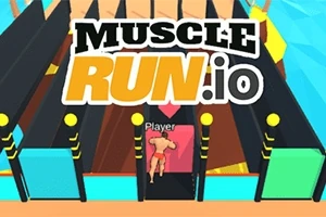 En muskuløs figur løber gennem en forhindringsbane med ordet MUSCLE RUN