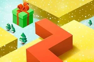 Indeholdt er en farverig scene med en grøn og rød gaveæske, små juletræer, snefnug og geometriske gule og orange former