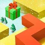 Indeholdt er en farverig scene med en grøn og rød gaveæske, små juletræer, snefnug og geometriske gule og orange former