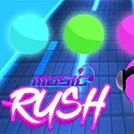 Tre farvede bolde bevæger sig langs en blå vej med teksten Music Rush i neonpink