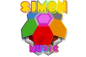 Farvede sekskantede paneler med teksten Simon Music ovenover