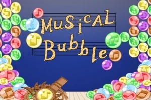 Farverige bobler med musiknoter svæver rundt om teksten Musical Bubble på en blå baggrund med tandhjul i bunden