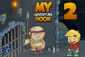 En tegneseriegrotte med en vagt ved en fængselscelle, en lille dreng ved en tunnel, og teksten My Adventure Book 2 i øverste hjørne