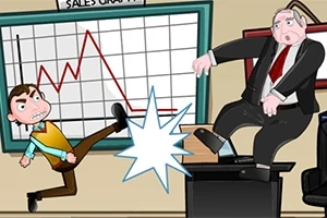 En animeret scene, hvor en ung mand sparker en ældre mand ud af et kontor med en salgsdiagram i baggrunden