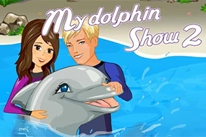 To personer i vandet sammen med en smilende delfin