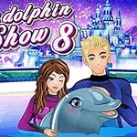 To personer i våddragter poserer med en delfin foran et ispalads