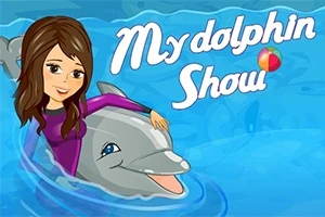 En tegning af en kvinde, der svømmer med en delfin i blåt vand, med teksten My Dolphin Show skrevet ved siden af