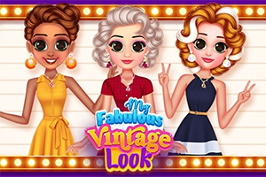 Tre animerede figurer iført vintage kjoler i forskellige farver står foran en farverig baggrund med teksten “My Fabulous Vintage Look”