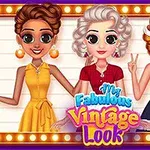 Tre animerede figurer iført vintage kjoler i forskellige farver står foran en farverig baggrund med teksten “My Fabulous Vintage Look”