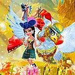 Kvinde i farverig middelalderdragt med en hat står ved siden af en bevinget, dekorativ væsen omgivet af blomster i en fantasifuld og eventyrlig skov