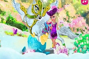 En fantasifigur ved siden af en pyntet, bevinget hest i et farverigt, blomstrende landskab