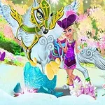 En fantasifigur ved siden af en pyntet, bevinget hest i et farverigt, blomstrende landskab