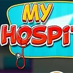 Titelgrafik med teksten My Hospital i rød og hvid, omgivet af et stetoskop og hospitalstema-ikoner på en blå baggrund