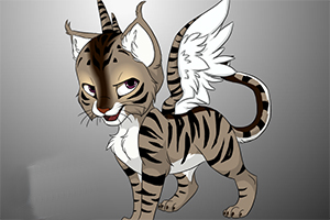 En tegnet hybridfigur med katteøjngler og zebra-striber, der har vinger og horn