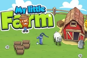 Tegneseriestil gårdscene med en lade, en brønd, en får, kurve og teksten My little Farm