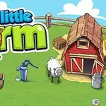 Tegneseriestil gårdscene med en lade, en brønd, en får, kurve og teksten My little Farm