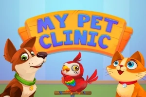 En tegneseriehund, -papegøje og -kat står foran et stort skilt med teksten My Pet Clinic