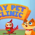 En tegneseriehund, -papegøje og -kat står foran et stort skilt med teksten My Pet Clinic
