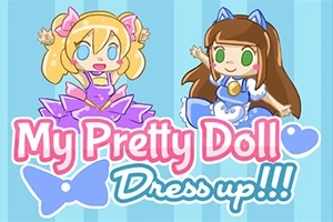 To an animerede dukker i farverige kjoler med teksten My Pretty Doll Dress up på en lyseblå baggrund
