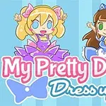 To an animerede dukker i farverige kjoler med teksten My Pretty Doll Dress up på en lyseblå baggrund