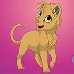 En animeret lysebrun hundehvalp med store øjne og oprejst hale foran en lyserød baggrund