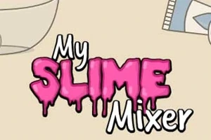 Teksten My SLIME Mixer med lyserød, dryppende skrift på en beige baggrund med skål og bog i hjørnet