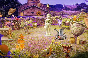 En farverig have med en stenstatue, blomster, og forskellige genstande spredt omkring som en vandkande, hatte og urner
