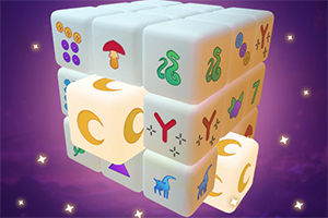 En Rubiks Cube-lignende struktur med symboler som svampe, slanger og måner, der svæver på en lilla baggrund med stjerner