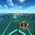 Et virtuelt landskab med en skyfri himmel, hvor nummererede skilte og geometriske former flyder over en vandoverflade