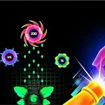 Farverigt neonlys med geometriske former, numre og skud i en futuristisk stil