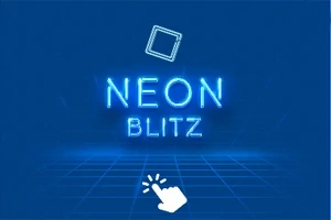 Blå baggrund med teksten Neon Blitz i neonblå skrift, en kvadratisk grafik øverst og en håndklik-ikon nederst