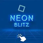 Blå baggrund med teksten Neon Blitz i neonblå skrift, en kvadratisk grafik øverst og en håndklik-ikon nederst