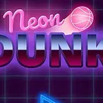 Neonfarvede bogstaver med ordet Neon Dunk og en lysende neon-basketball på en mørk baggrund med gittermønster