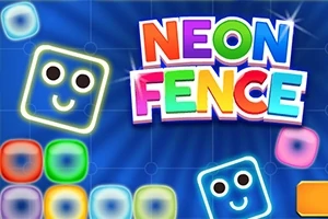 Farverige, glødende firkanter med ansigter på en blå baggrund, og teksten NEON FENCE i logo-stil