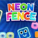 Farverige, glødende firkanter med ansigter på en blå baggrund, og teksten NEON FENCE i logo-stil