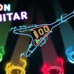Neon oplyst guitar med farverige lysstråler i baggrunden og fire runde platforme i forskellige farver
