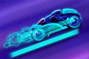 Futuristisk motorcykel i neonfarver med geometriske former på en lilla baggrund