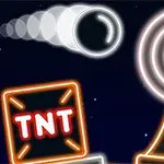 Neonfarvede elementer i et spil inkluderer en bevægende kugle, et TNT-ikon og en målskive