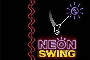 Sort baggrund med neonlys-design, der viser en hånd, der svinger et lys, og teksten NEON SWING i lilla og gule bogstaver