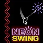 Sort baggrund med neonlys-design, der viser en hånd, der svinger et lys, og teksten NEON SWING i lilla og gule bogstaver