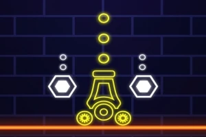 Neon-grafik med geometriske former, herunder sekskanter og cirkler, mod en murstensbaggrund