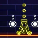 Neon-grafik med geometriske former, herunder sekskanter og cirkler, mod en murstensbaggrund